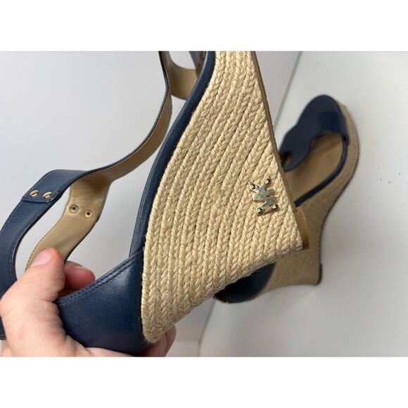 Michael Kors Navy Leather Stylish T Strap Open Toe Heeled Sandals Espadrilles - Picture 4 of 10